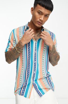 ASOS DESIGN Stripe Short Sleeve Button-Up Camp Shirt in Blue Multi