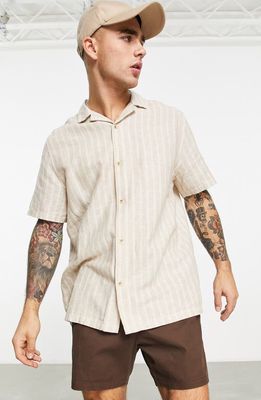ASOS DESIGN Stripe Short Sleeve Linen & Cotton Button-Up Camp Shirt in Beige