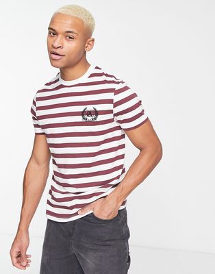 ASOS DESIGN stripe T-shirt in burgundy and white with chest embroidery-Red