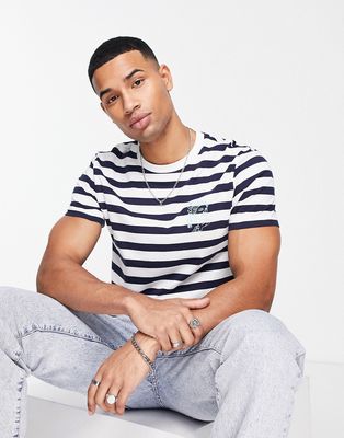 ASOS DESIGN stripe t-shirt in navy and white with chest embroidery