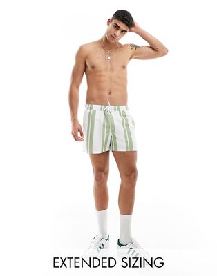 ASOS DESIGN striped swim shorts in short length in sage green-White