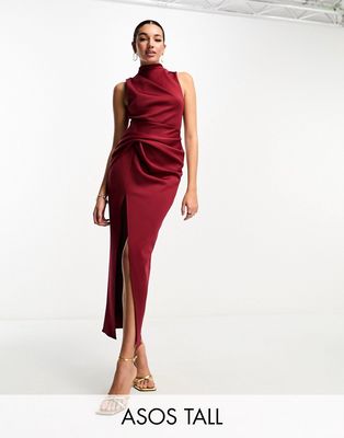 ASOS DESIGN structured hip tuck high neck midi dress in pomegranate-Pink