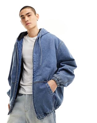 ASOS DESIGN super oversized denim jacket with hood in mid wash blue