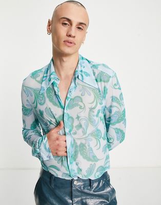 ASOS DESIGN super skinny mesh shirt with 70s collar and paisley print - LBLUE
