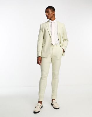 ASOS DESIGN super skinny suit pants in linen mix in puppytooth check in green