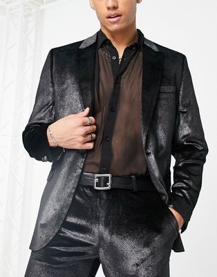 ASOS DESIGN super skinny velvet suit jacket in black and silver