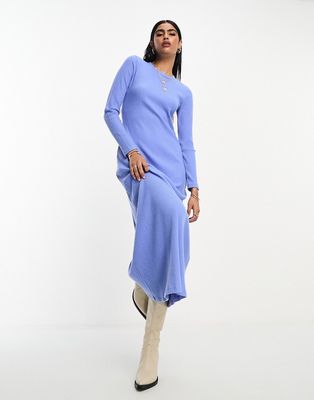 ASOS DESIGN super soft rib crew neck midi dress with long sleeve in blue