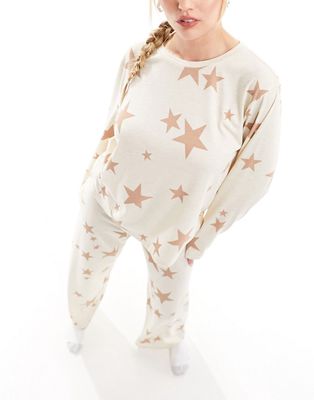 ASOS DESIGN super soft star long sleeve top & pants pajama set in cream-White