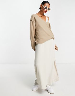 ASOS DESIGN super soft V neck sweater with exposed seams in camel-Neutral