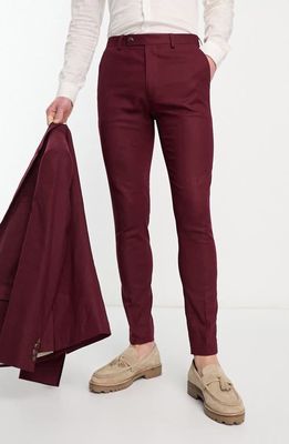ASOS DESIGN Superskinny Flat Front Stretch Linen & Cotton Pants in Burgundy