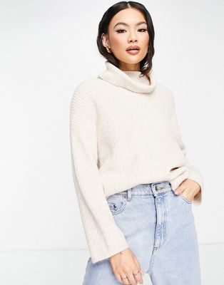ASOS DESIGN sweater in rib with high neck in oatmeal-Neutral
