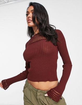 ASOS DESIGN sweater with open yoke stitch in brown
