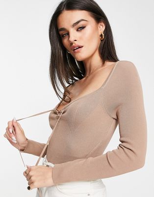 ASOS DESIGN sweater with sweetheart neck and lace up front detail in camel-Neutral