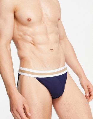 ASOS DESIGN swim briefs with high leg and contrast waistband in navy-Multi