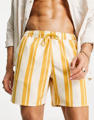 ASOS DESIGN swim shorts in mid length in beige stripe-Neutral