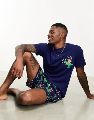 ASOS DESIGN T-shirt and shorts pajama lounge set in navy Christmas dinosaur print