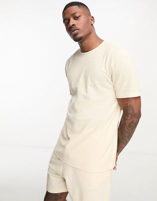 ASOS DESIGN t-shirt and shorts textured lounge set in beige-Neutral