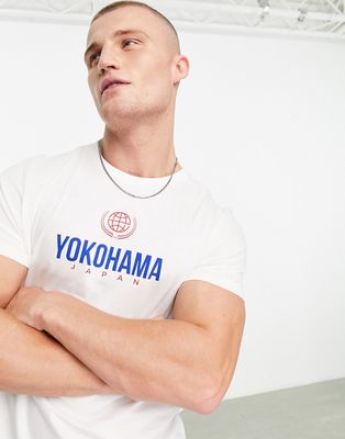 ASOS DESIGN t-shirt in off white with Yokohama chest print