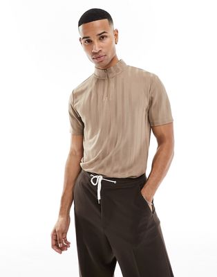 ASOS DESIGN T-shirt in shiny rib with high zip neck-Brown