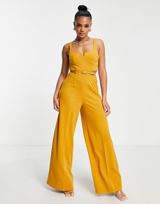 ASOS DESIGN tailored corset cut out jumpsuit with belt in mustard-Yellow