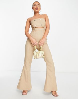 ASOS DESIGN tailored gold heart button flare bandeau jumpsuit in stone-Neutral