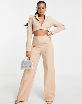 ASOS DESIGN tailored jumpsuit with diamante trim in stone-Neutral