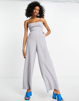 ASOS DESIGN tailored melange suiting strappy back wide leg jumpsuit in gray