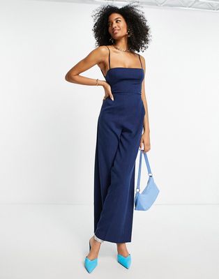 ASOS DESIGN tailored melange suiting strappy back wide leg jumpsuit in navy