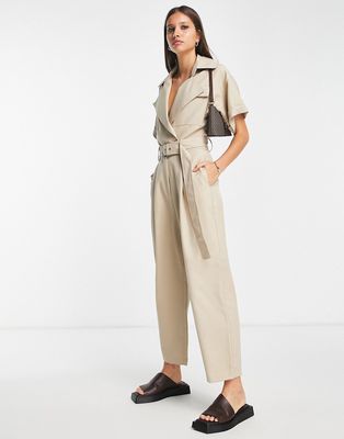 ASOS DESIGN tailored short sleeve tux belted jumpsuit in stone-Neutral
