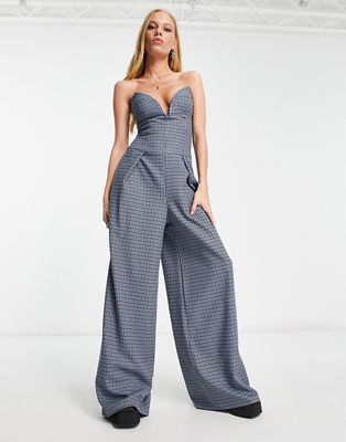 ASOS DESIGN tailored strapless bustier jumpsuit with wide leg in check-Multi
