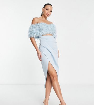 ASOS DESIGN Tall 2 piece off shoulder pencil wrap tuck faux feather midi dress in light blue