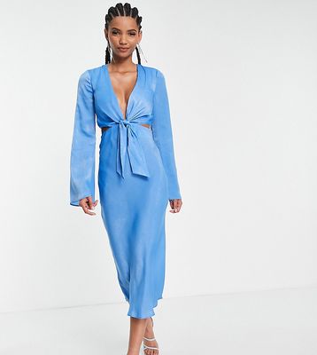 ASOS DESIGN Tall bias cut satin midi dress with tie waist & flutter sleeves in blue