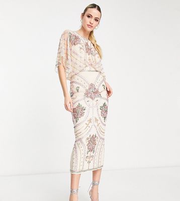 ASOS DESIGN Tall blouson midi dress with art nouveau embellishment in cream-Neutral