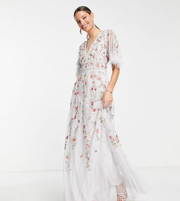 ASOS DESIGN Tall Bridesmaid floral embroidered flutter sleeve maxi dress with embellishment in soft blue