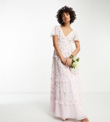 ASOS DESIGN Tall Bridesmaid flutter sleeve embellished wrap maxi dress with embroidery in light pink-Purple
