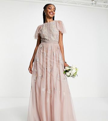 ASOS DESIGN Tall Bridesmaid pearl embellished flutter sleeve maxi dress with floral embroidery in rose-Pink