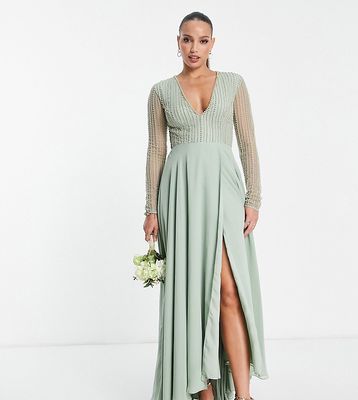 ASOS DESIGN Tall Bridesmaids linear embellished bodice maxi dress with wrap skirt-Green