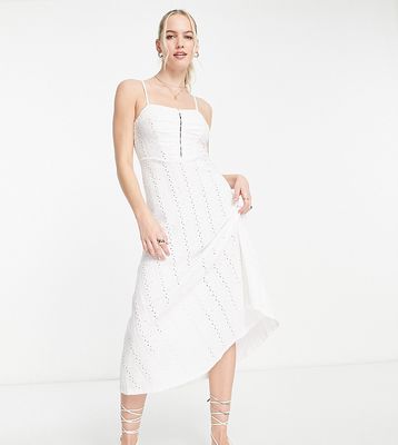 ASOS DESIGN Tall broderie strappy midi tea dress with hook and eye detail in white