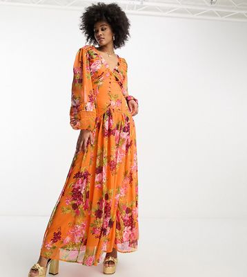 ASOS DESIGN Tall button up pintuck maxi dress with lace inserts in orange floral print-Multi