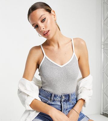 ASOS DESIGN Tall cami bodysuit with contrast binding in gray heather-White