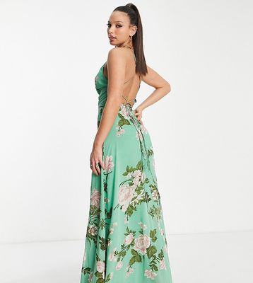 ASOS DESIGN Tall cami wrap maxi dress with lace up back in sage floral-Multi