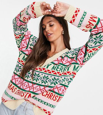 ASOS DESIGN Tall Christmas V neck sweater in fairisle pattern-Multi