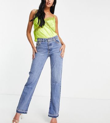ASOS DESIGN Tall cotton blend mid rise '90s' straight leg jeans in midwash with diamante hotfix - MBLUE-Blues