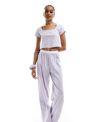 ASOS DESIGN Tall cotton pajama pants with exposed waistband and picot trim in lilac-Purple