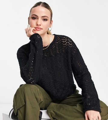 ASOS DESIGN Tall crew neck sweater in mixed pointelle stitch in black