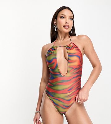 ASOS DESIGN Tall cut out halter neck swimsuit in heat map zebra print-Multi