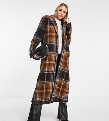 ASOS DESIGN Tall dad wool mix coat in brushed check in brown