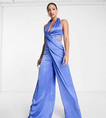 ASOS DESIGN Tall drape cross front halter jumpsuit with cut out in bright blue