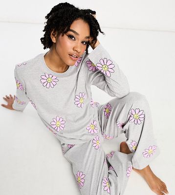 ASOS DESIGN Tall exclusive flower long sleeve top & pants pajama set in gray heather