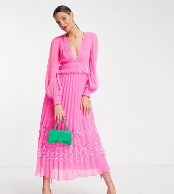 ASOS DESIGN Tall Exclusive plunge pleated midi dress with lace insert hem in hot pink